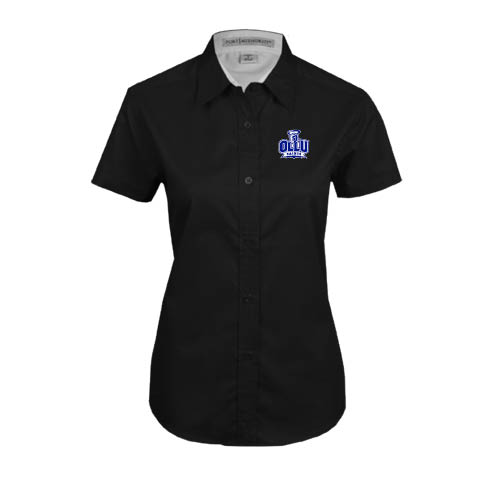  Womens Black Twill Button Up Short Sleeve - OLLU Saints