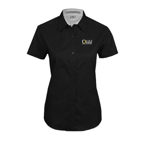  Womens Black Twill Button Up Short Sleeve - OLLU Our Lady of the Lake University Stacked
