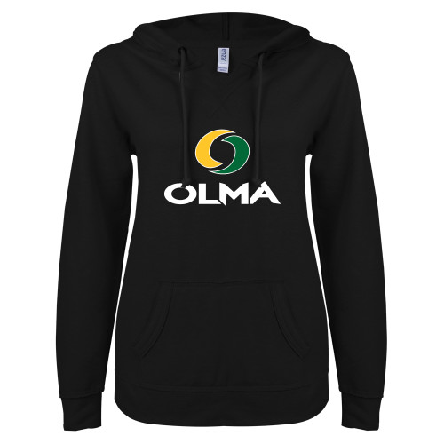 OLMA ENZA Womens Black V Notch Raw Edge Fleece Hoodie