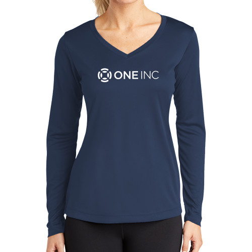  Womens Navy Performance Long Sleeve V Neck Shirt - ONE INC