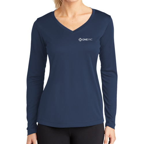  Womens Navy Performance Long Sleeve V Neck Shirt - ONE INC