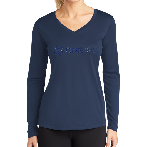  Womens Navy Performance Long Sleeve V Neck Shirt - H Dark Blue Glitter