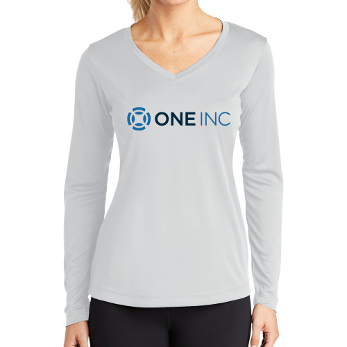  Womens White Performance Long Sleeve V Neck Shirt - ONE INC