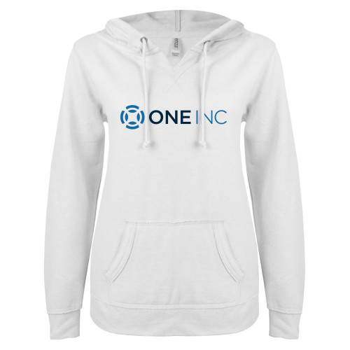 ENZA Womens White V Notch Raw Edge Fleece Hoodie - ONE INC