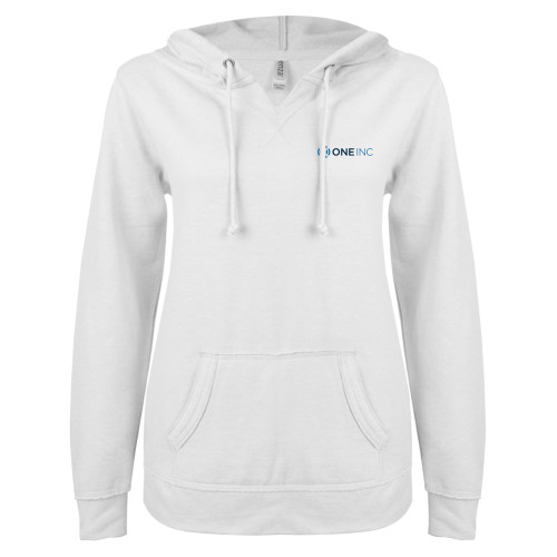  ENZA Womens White V Notch Raw Edge Fleece Hoodie - ONE INC