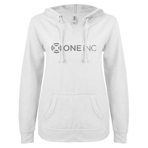  ENZA Womens White V Notch Raw Edge Fleece Hoodie - A Silver Soft Glitter