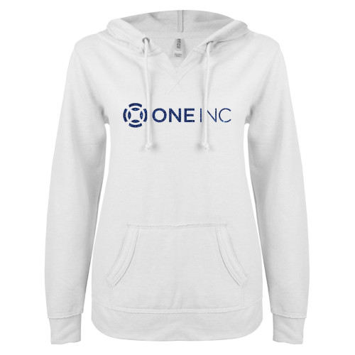  ENZA Womens White V Notch Raw Edge Fleece Hoodie - H Dark Blue Glitter