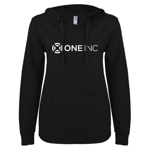  ENZA Womens Black V Notch Raw Edge Fleece Hoodie - ONE INC