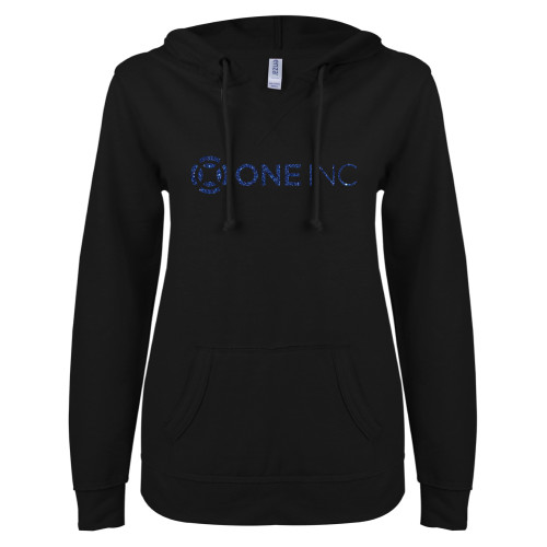  ENZA Womens Black V Notch Raw Edge Fleece Hoodie - H Dark Blue Glitter
