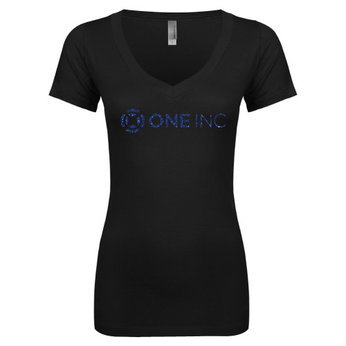  Next Level Womens Black Ideal V Tee - H Dark Blue Glitter