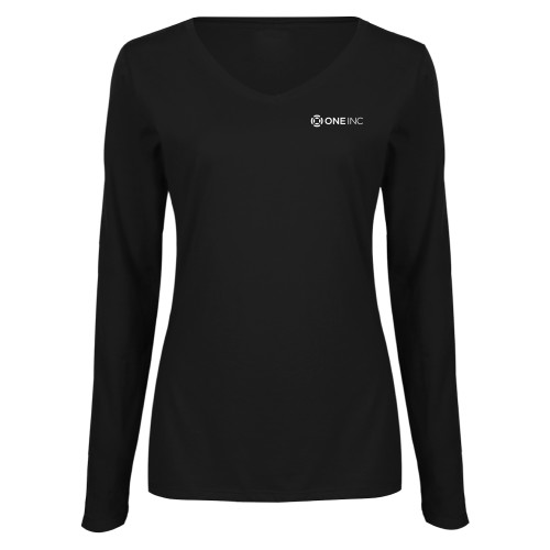  Womens Black Long Sleeve V Neck Tee  - ONE INC