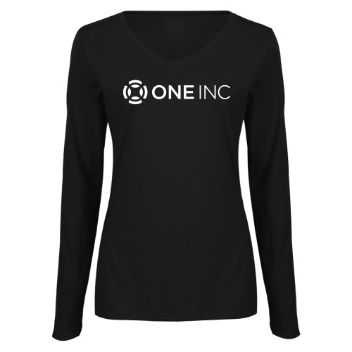  Womens Black Long Sleeve V Neck Tee  - ONE INC