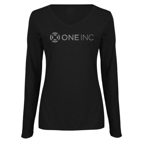  Womens Black Long Sleeve V Neck Tee  - A Silver Soft Glitter