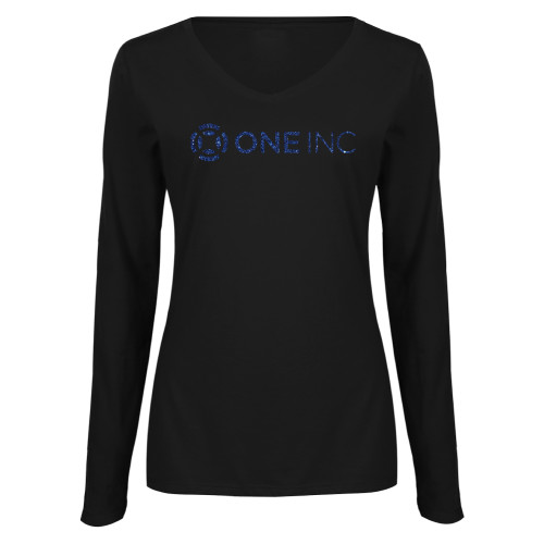  Womens Black Long Sleeve V Neck Tee  - H Dark Blue Glitter