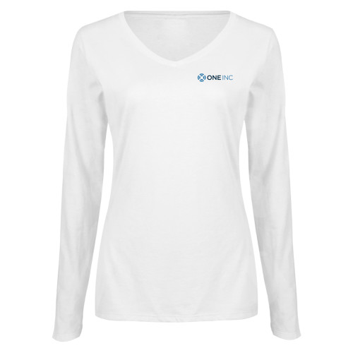  Womens White Long Sleeve V Neck Tee - ONE INC