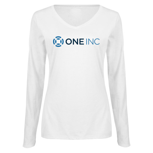  Womens White Long Sleeve V Neck Tee - ONE INC