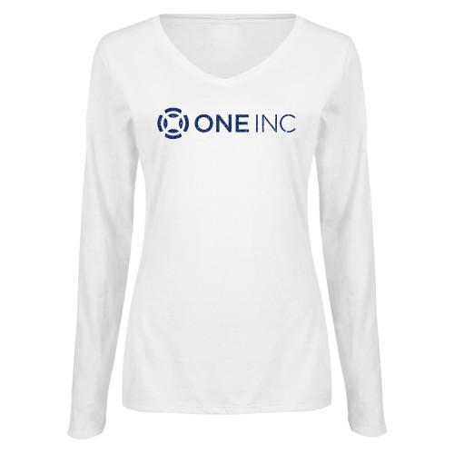  Womens White Long Sleeve V Neck Tee - H Dark Blue Glitter