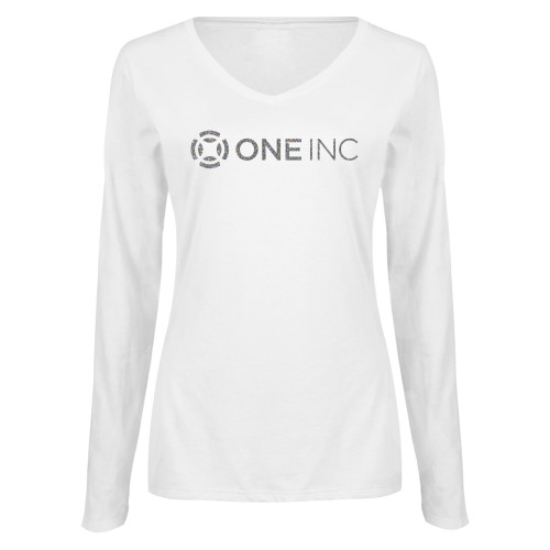  Womens White Long Sleeve V Neck Tee - A Silver Soft Glitter