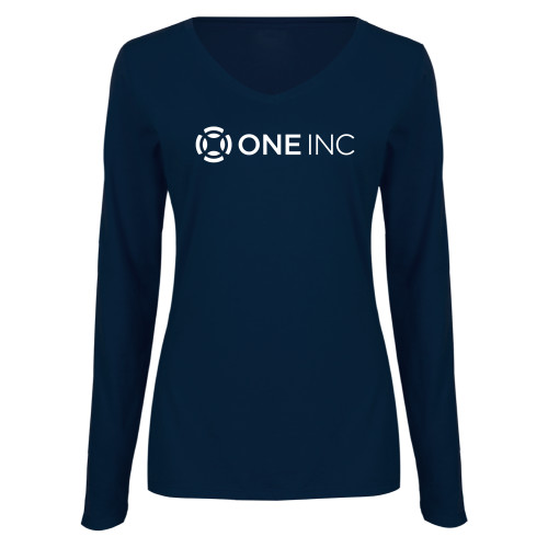  Womens Navy Long Sleeve V Neck Tee - ONE INC