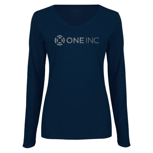  Womens Navy Long Sleeve V Neck Tee - A Silver Soft Glitter
