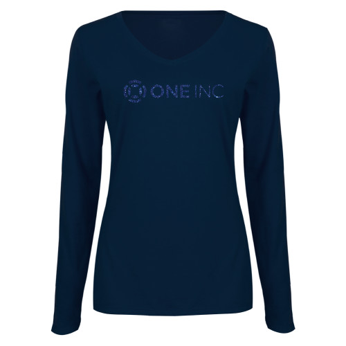  Womens Navy Long Sleeve V Neck Tee - H Dark Blue Glitter