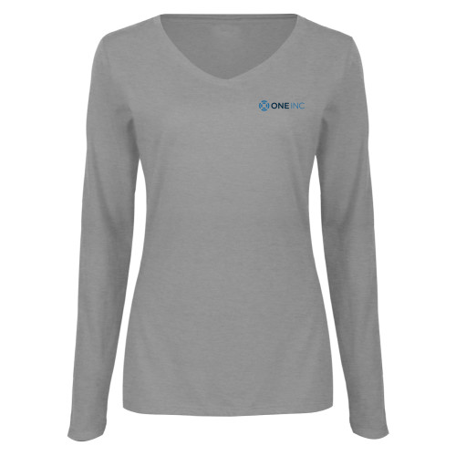  Womens Grey Long Sleeve V Neck Tee  - ONE INC