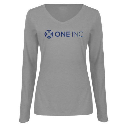  Womens Grey Long Sleeve V Neck Tee  - H Dark Blue Glitter