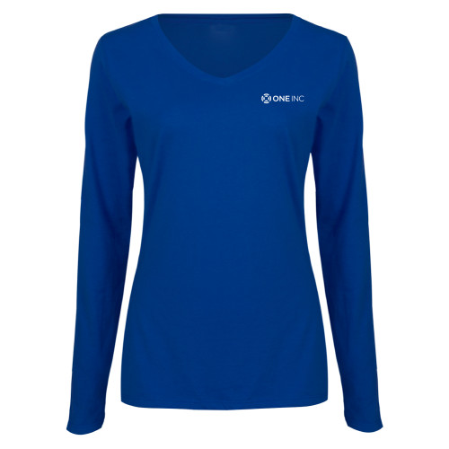  Womens Royal Long Sleeve V Neck Tee  - ONE INC