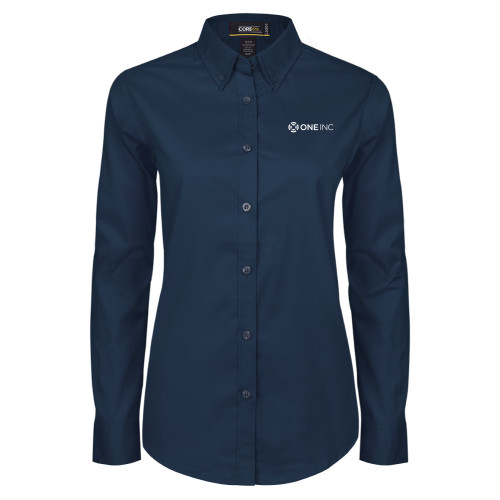  Womens Navy Twill Button Down Long Sleeve  - ONE INC