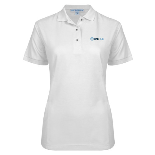  Womens Silk Touch White Pique Polo - ONE INC