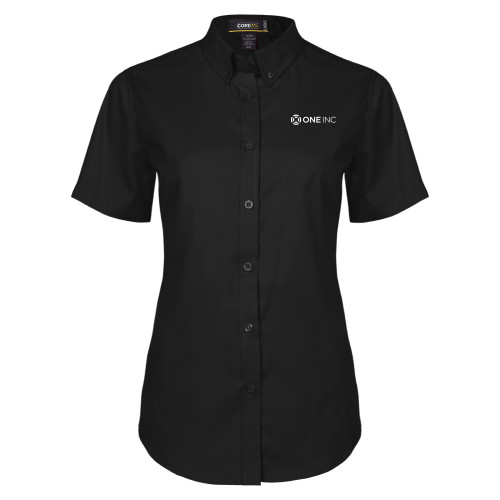  Womens Black Twill Button Up Short Sleeve - ONE INC