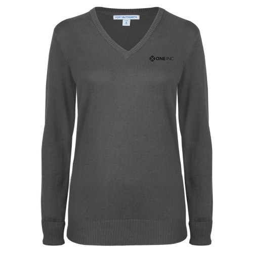  Womens Charcoal Heather VNeck Sweater - ONE INC