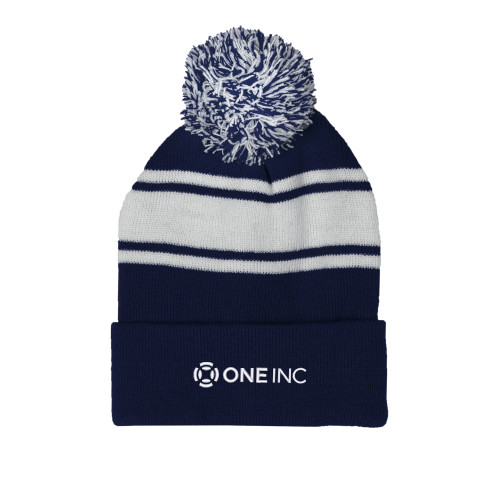  Navy/White Two Tone Knit Pom Beanie w/Cuff - ONE INC
