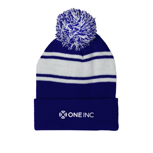  Royal/White Two Tone Knit Pom Beanie w/Cuff - ONE INC