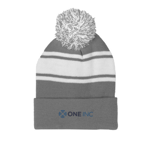  Grey/White Two Tone Knit Pom Beanie w/Cuff - ONE INC