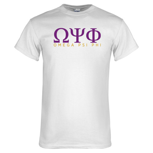 White T Shirt-Greek Letters Omega PSI Phi Stacked