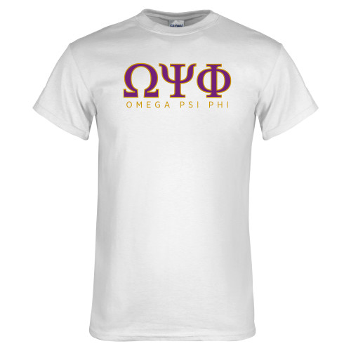 White T Shirt-Greek Letters Omega PSI Phi Stacked - 2 Color