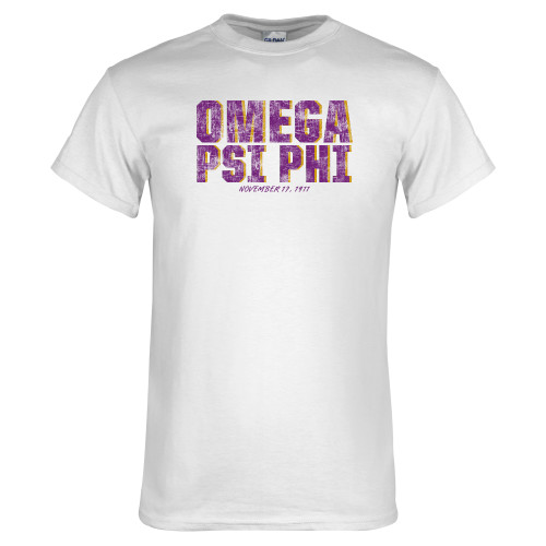 White T Shirt-Omega Psi Phi Stacked Distressed