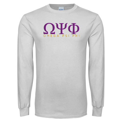 White Long Sleeve T Shirt-Greek Letters Omega PSI Phi Stacked