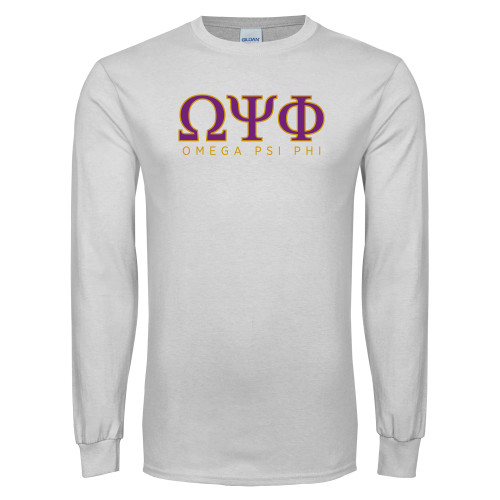 White Long Sleeve T Shirt-Greek Letters Omega PSI Phi Stacked - 2 Color
