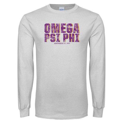 White Long Sleeve T Shirt-Omega Psi Phi Stacked Distressed