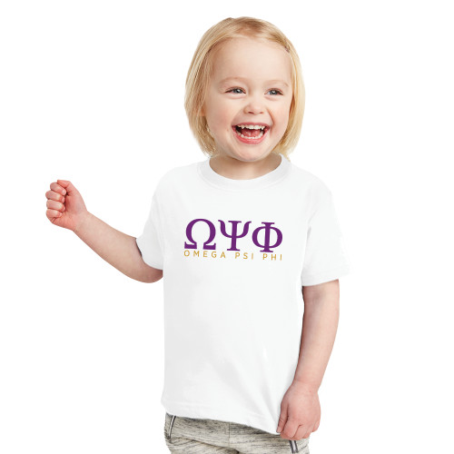 Toddler White T Shirt-Greek Letters Omega PSI Phi Stacked