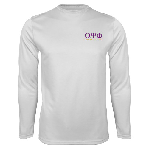 White Performance Long Sleeve Shirt-Greek Letters Omega PSI Phi Stacked
