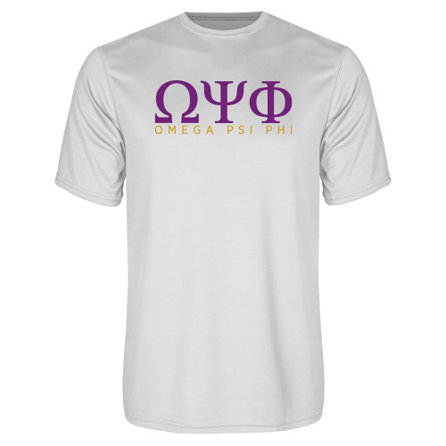 White Performance Tee-Greek Letters Omega PSI Phi Stacked