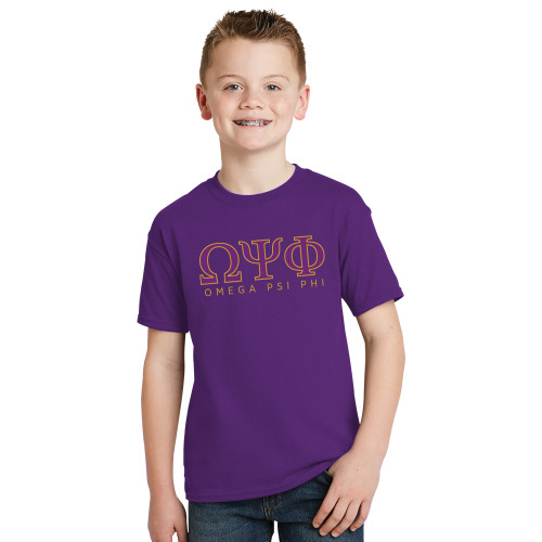 Youth Purple T Shirt-Greek Letters Omega PSI Phi Stacked - 2 Color