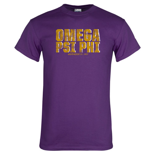 Purple T Shirt-Omega Psi Phi Stacked Distressed