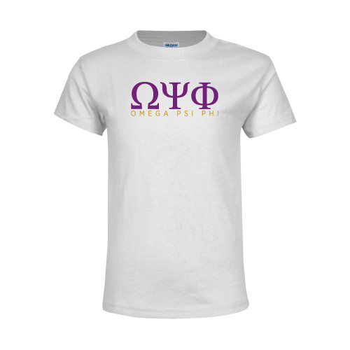 Youth White T Shirt-Greek Letters Omega PSI Phi Stacked