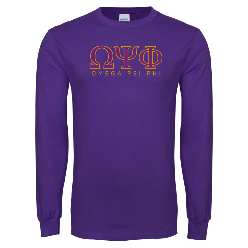 Purple Long Sleeve T Shirt-Greek Letters Omega PSI Phi Stacked - 2 Color