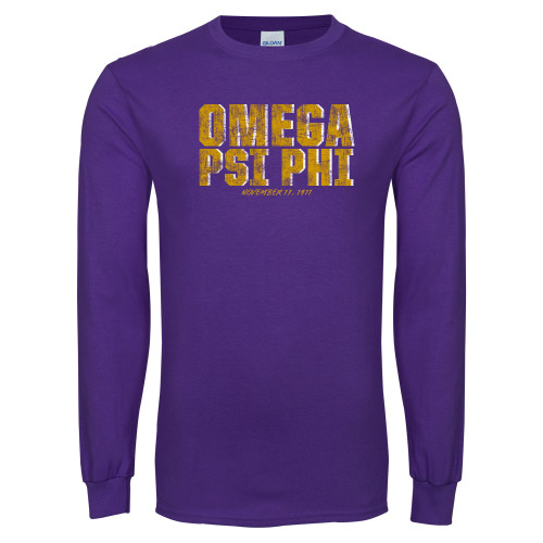Purple Long Sleeve T Shirt-Omega Psi Phi Stacked Distressed