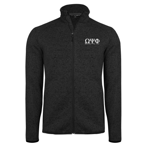 Black Heather  Sweater Fleece Jacket-Greek Letters Omega PSI Phi Stacked